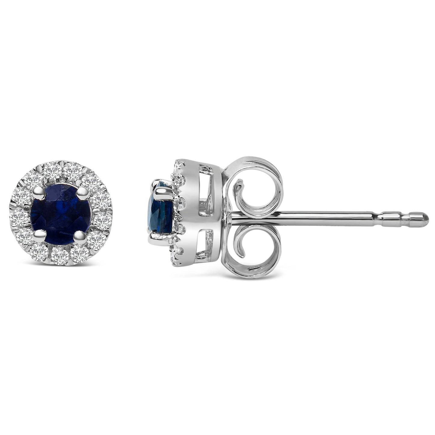 Pendientes de oro blanco de 10K con zafiro azul redondo de 3,25 mm x 3,25 mm y halo de diamantes de 1/10 Cttw (color I-J, claridad I1-I2)