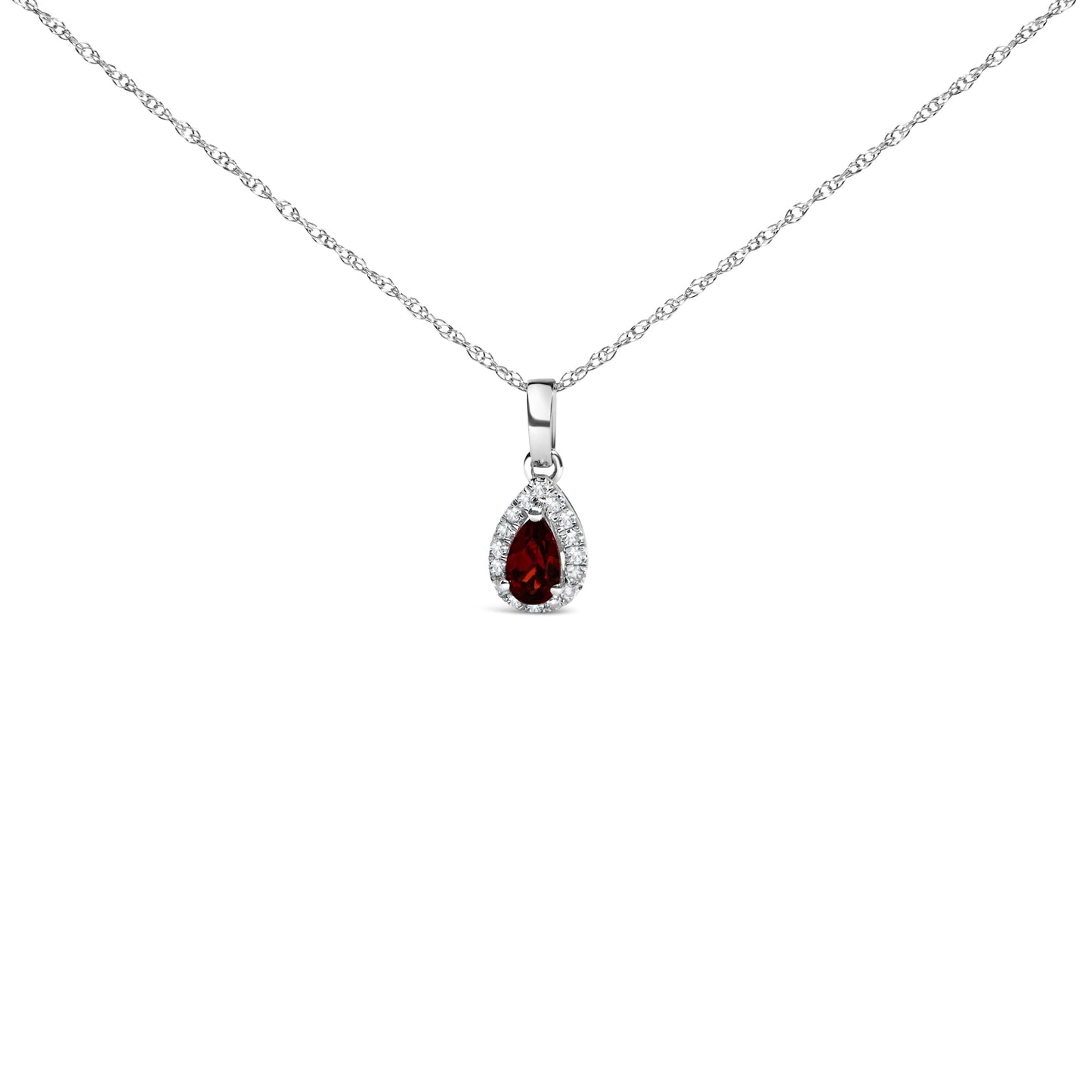 Colgante de oro blanco de 10K con esmeralda verde de 5x3 mm y diamantes en forma de pera, con halo, de 18" (color I-J, claridad I1-I2)