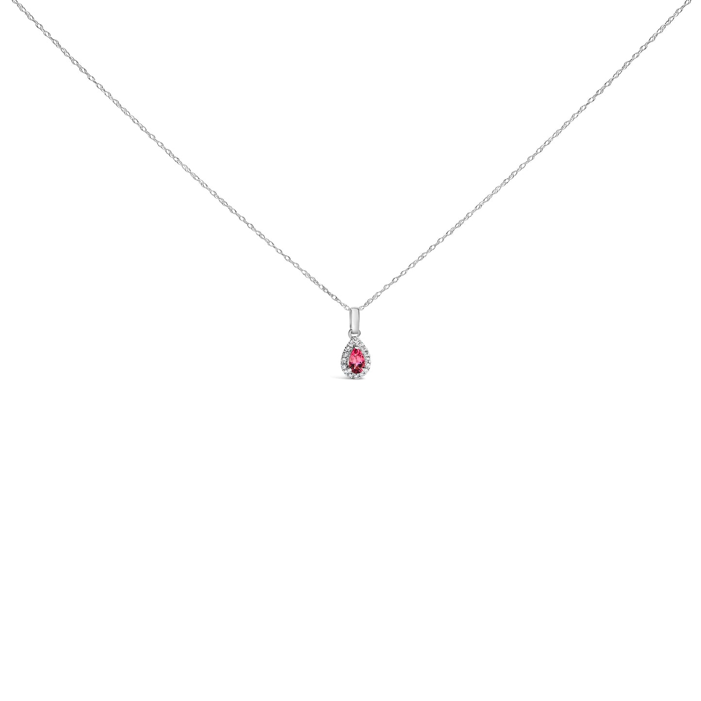 Colgante de oro blanco de 10K con esmeralda verde de 5x3 mm y diamantes en forma de pera, con halo, de 18" (color I-J, claridad I1-I2)
