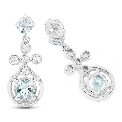 Pendientes de Plata de Ley .925 con Aguamarina Genuina de 4.42 Quilates y Zircón Blanco