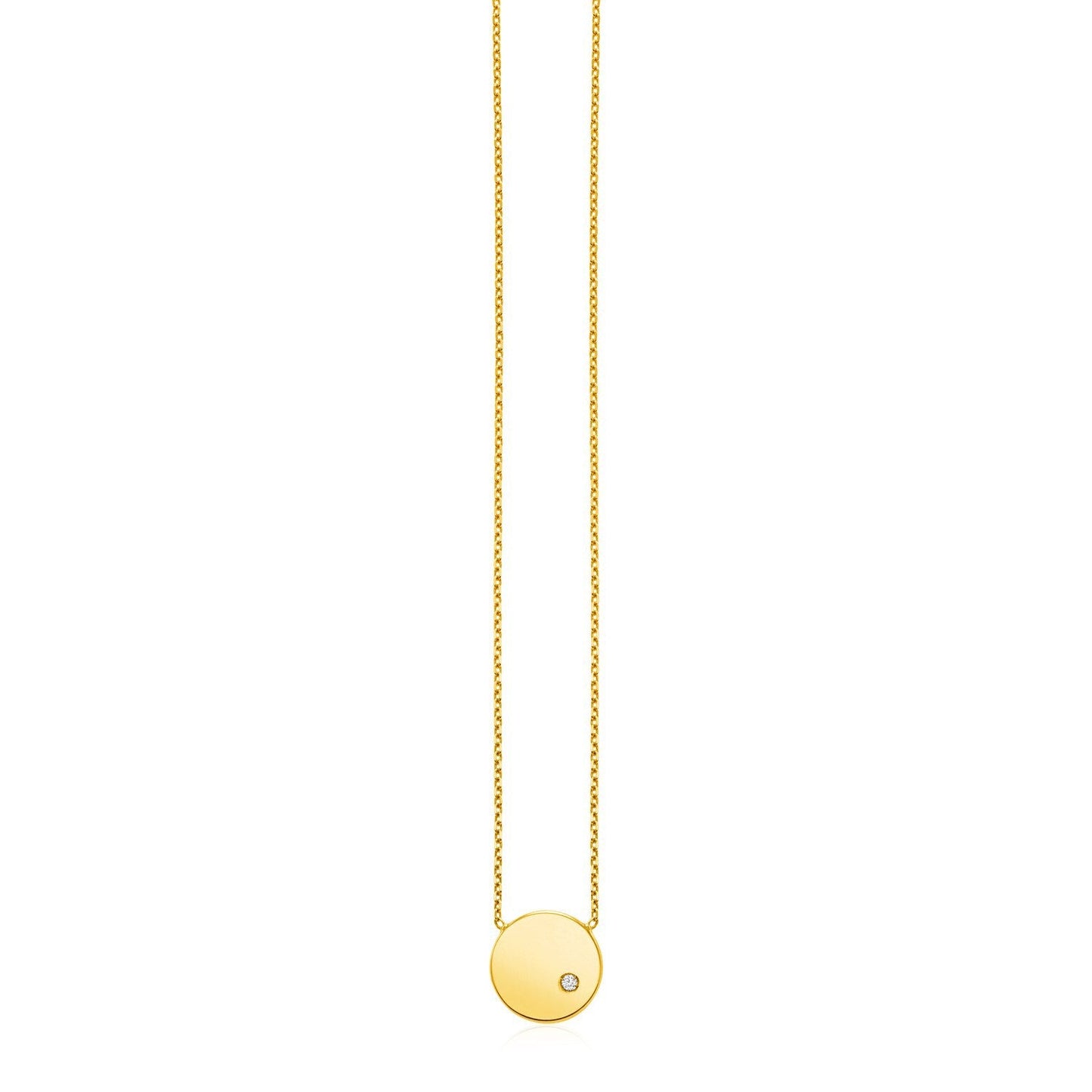 Collar de oro amarillo de 14k con colgante redondo pulido con diamante