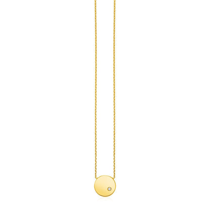 Collar de oro amarillo de 14k con colgante redondo pulido con diamante