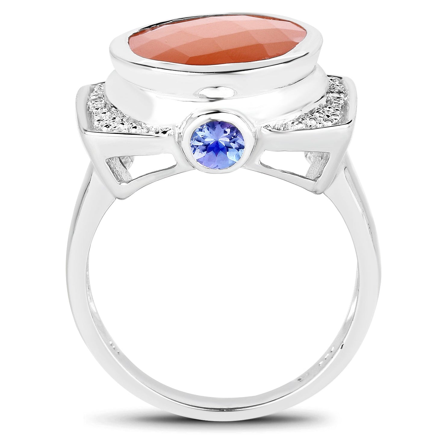 Anillo de plata de ley .925 con piedra lunar melocotón genuina de 5.99 quilates, tanzanita y topacio blanco