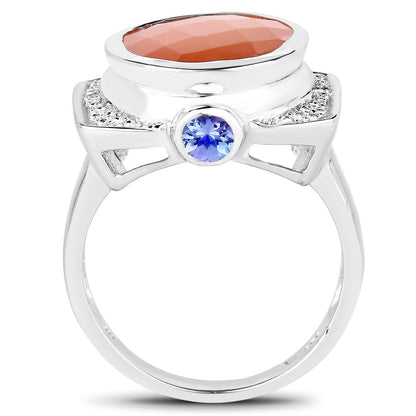 Anillo de plata de ley .925 con piedra lunar melocotón genuina de 5.99 quilates, tanzanita y topacio blanco