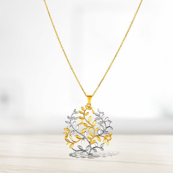 Colgante de árbol de la vida de oro bicolor amarillo y blanco de 14 quilates