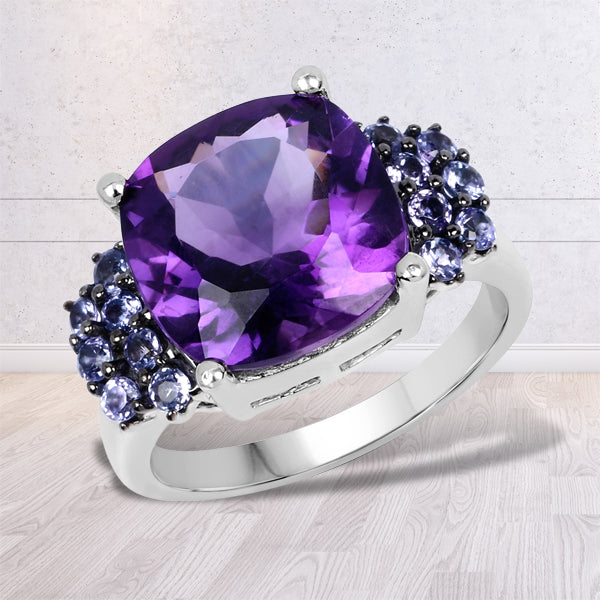 Anillo de Plata de Ley .925 con Amatista Genuina y Tanzanita de 6.34 Quilates