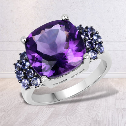 Anillo de Plata de Ley .925 con Amatista Genuina y Tanzanita de 6.34 Quilates