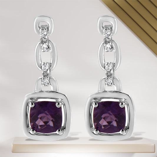 Pendientes colgantes de plata de ley 925 con amatista natural morada en forma de cojín de 6x6 mm y acento de diamante (color I-J, claridad I1-I2)