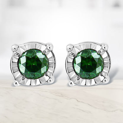 Sterling Silver Rose Cut Treated Green Diamond Solitaire Stud Earrings (0.25 cttw, Green Color, I2-I3 Clarity)