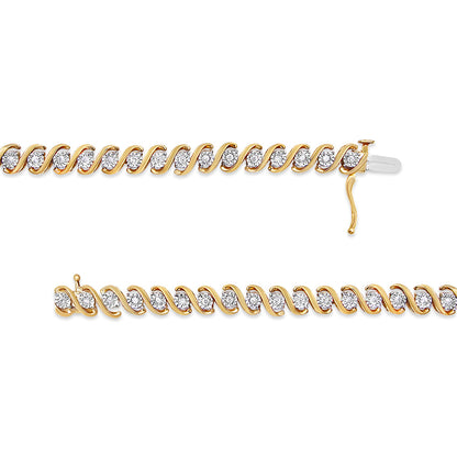 Pulsera de tenis de oro amarillo de 14 quilates chapado en plata de ley .925 con diamantes redondos de 1/2 quilate engarzados en milagro, en forma de S (color I-J, claridad I3) - 7"