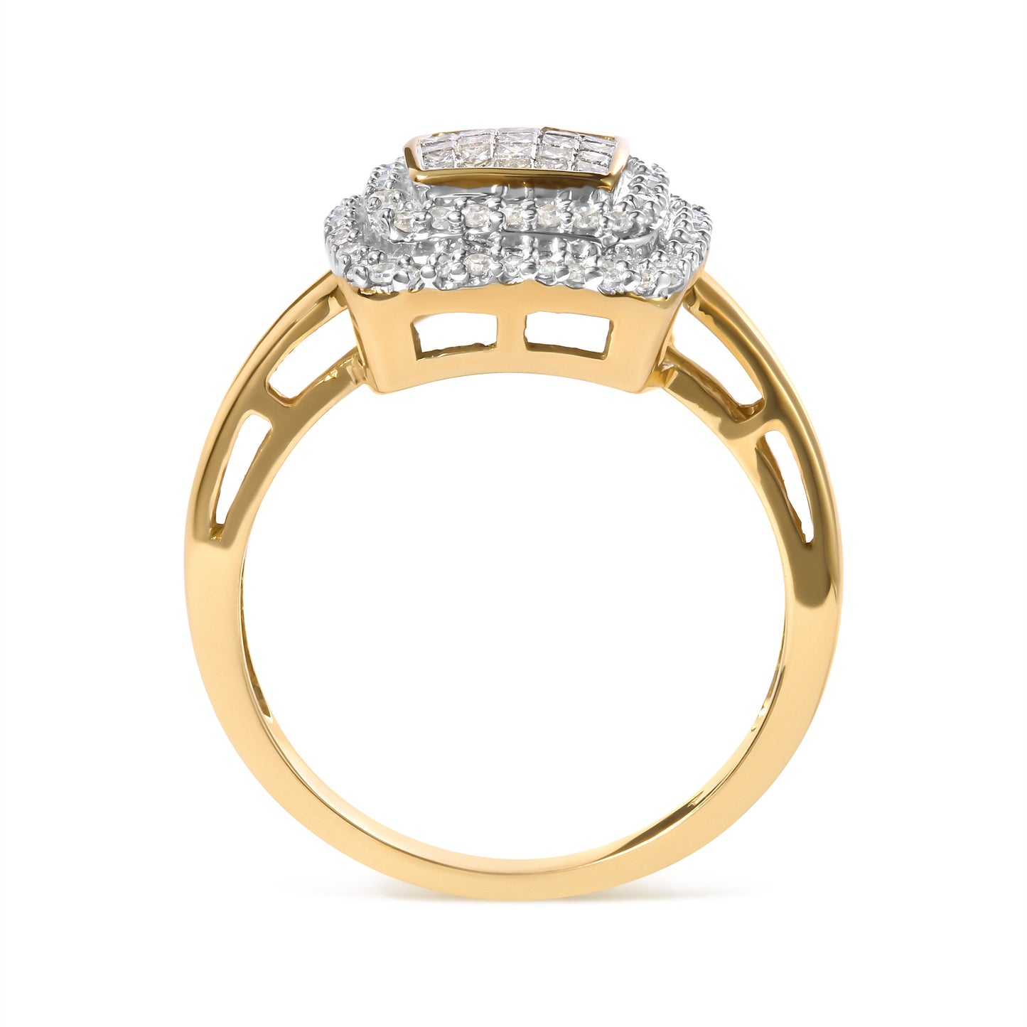 Anillo en oro amarillo de 10 qt con cabeza compuesta de diamantes redondos y talla princesa de 1/2 quilate en total y halo (color H-I, claridad SI1-SI2) - Talla 7