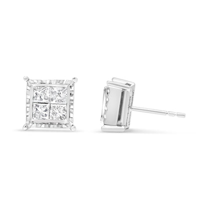 Pendientes de botón contemporáneos de oro blanco de 14 quilates con diamantes talla princesa de 1,5 quilates engastados invisibles con cuatro ondas (color I-J, claridad I1-I2)