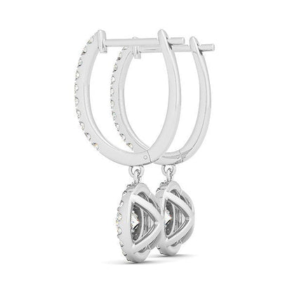 Pendientes colgantes de diamantes redondos de doble halo de oro blanco de 14 quilates (1 quilate total)