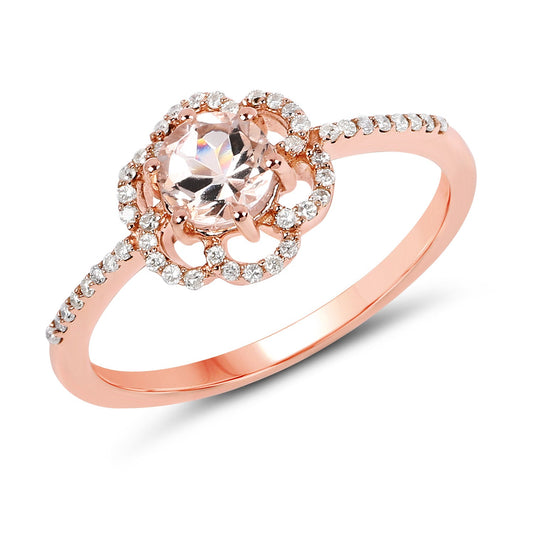Anillo de oro rosa de 14 quilates con morganita auténtica de 0,54 quilates y diamantes blancos