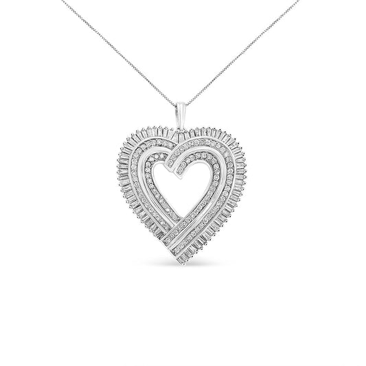 Collar con colgante de corazón de diamante redondo y talla baguette de 1,25 quilates en plata de ley .925 de 45,72 cm (color I-J, claridad I1-I2)