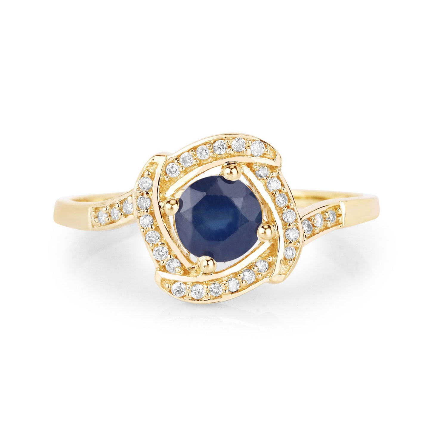 Anillo de oro amarillo de 14 quilates con zafiro azul auténtico de 0,73 quilates y diamante blanco
