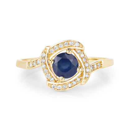 Anillo de oro amarillo de 14 quilates con zafiro azul auténtico de 0,73 quilates y diamante blanco