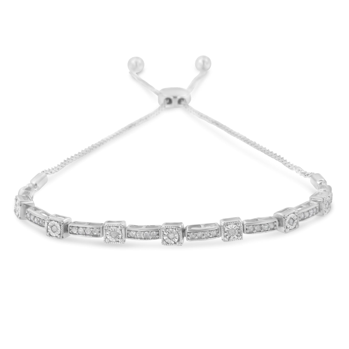 Brazalete de plata de ley .925 con 1/4 quilate total de diamante, ajustable de 4 a 10 pulgadas, con diseño alternado de cuadrados y rectángulos (Color I-J, Claridad I3)