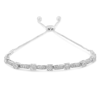 Brazalete de plata de ley .925 con 1/4 quilate total de diamante, ajustable de 4 a 10 pulgadas, con diseño alternado de cuadrados y rectángulos (Color I-J, Claridad I3)