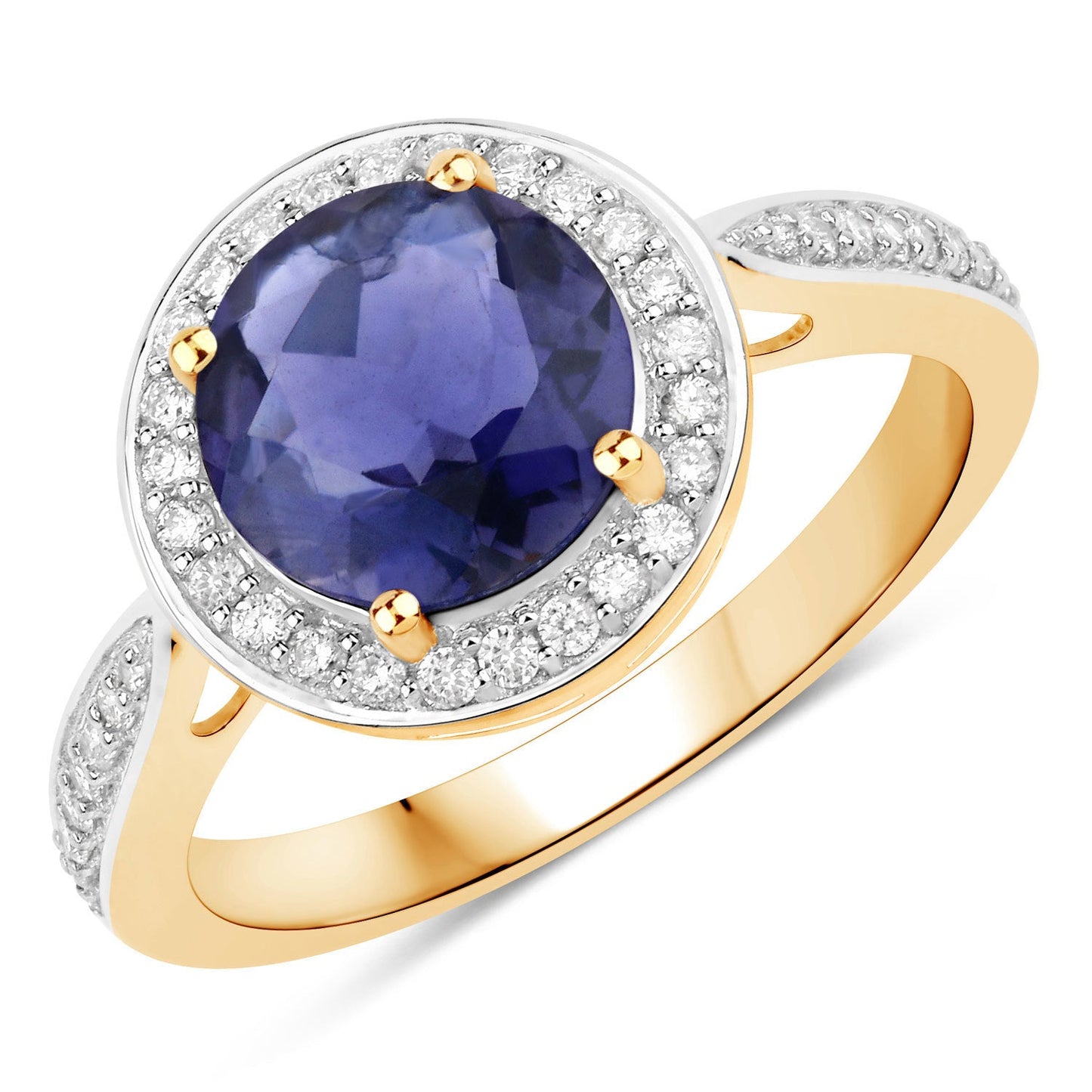 Anillo de oro amarillo de 14K con iolita genuina de 1,79 quilates y diamantes blancos