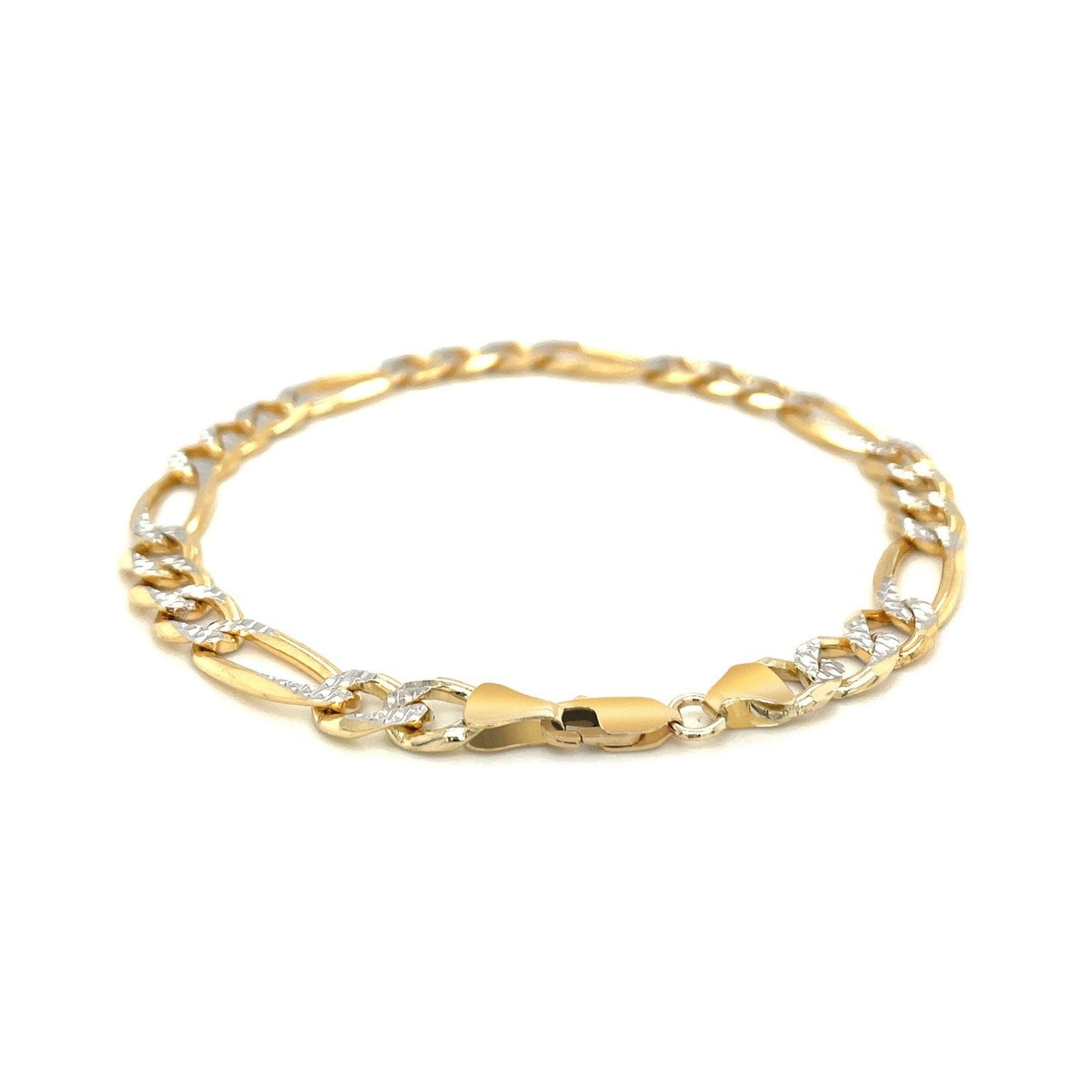 Pulsera Figaro sólida de oro amarillo de 14K, 7.0mm, dos tonos, pavé
