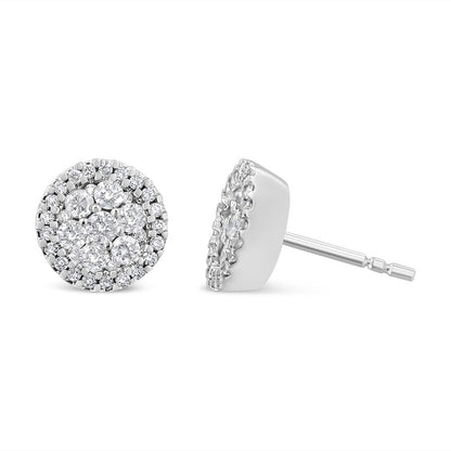 Pendientes de botón redondos de racimo estilo halo con diamantes de talla brillante de 1,0 Cttw en oro blanco de 14K, certificados por AGS (color G-H, claridad I1-I2)