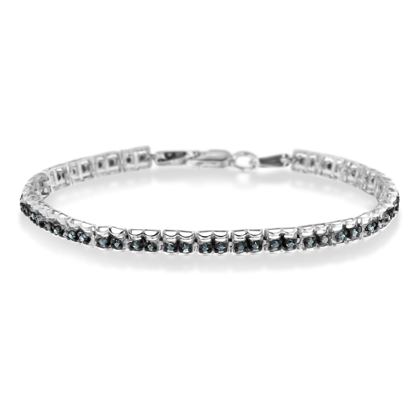 Pulsera de tenis de doble eslabón de 7" con diamantes talla rosa de 1,0 Cttw en plata de ley .925 con rodio negro (color azul, claridad I1-I2)