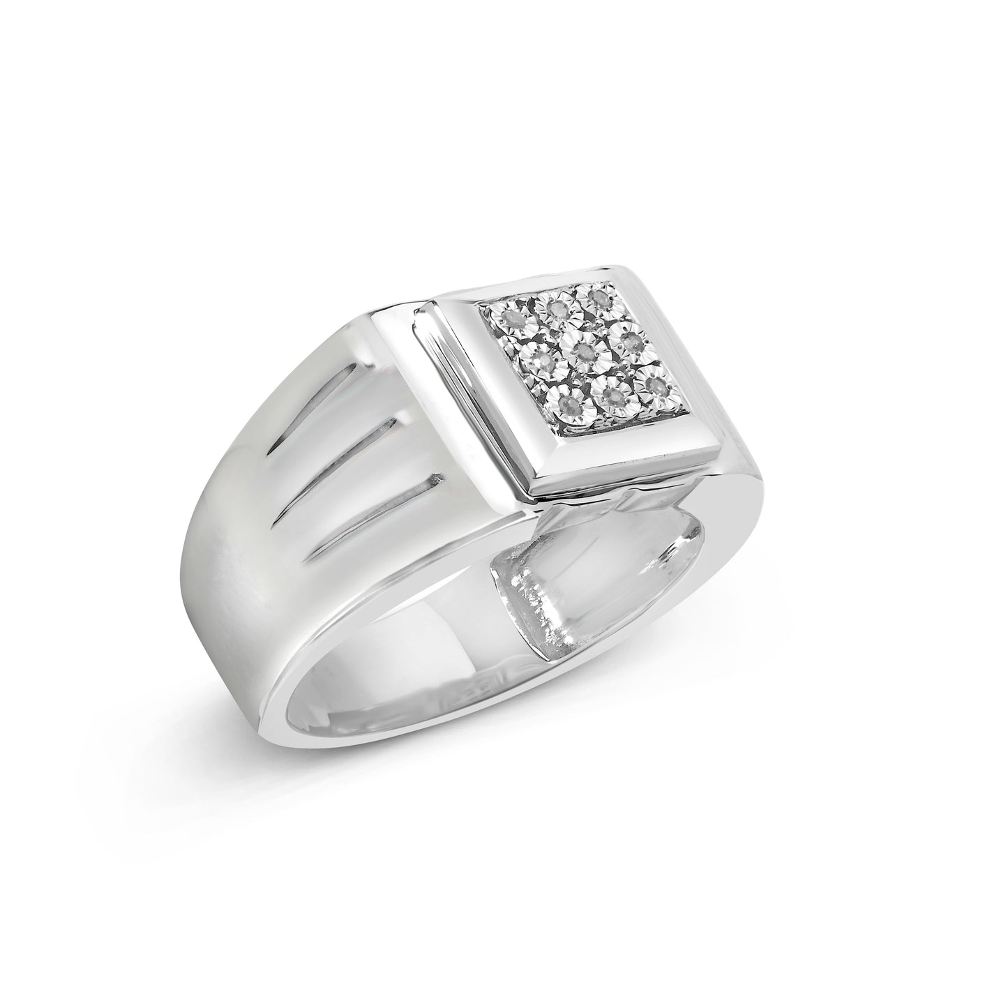 Anillo de moda para hombre de plata esterlina .925 con acentos de diamante en engaste milagro de 9 piedras y banda estriada (color I-J, claridad I3) - Talla 10