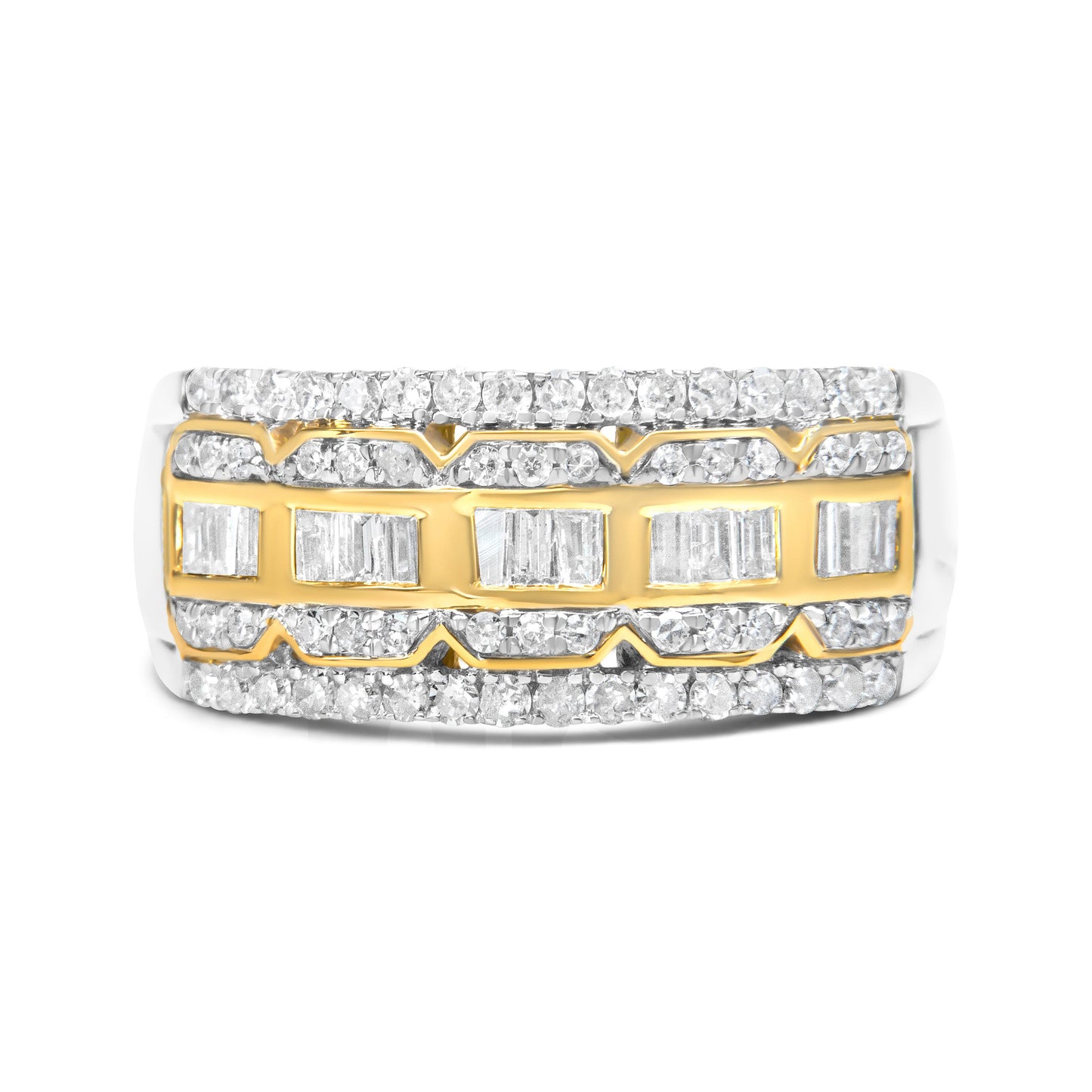 Anillo de oro blanco y amarillo de 10K con diamantes baguette y de talla redonda de 1,00 quilates, estilo Art Déco, multihilera (color I-J, claridad I1-I2) - Talla 7
