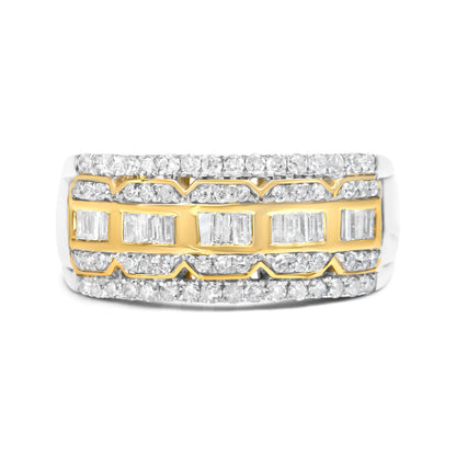 Anillo de oro blanco y amarillo de 10K con diamantes baguette y de talla redonda de 1,00 quilates, estilo Art Déco, multihilera (color I-J, claridad I1-I2) - Talla 7