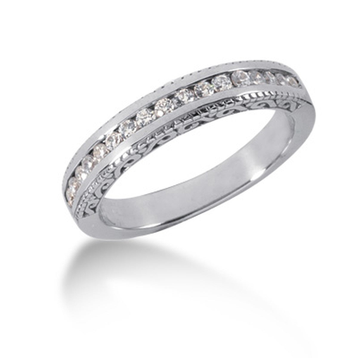 Anillo de boda de oro blanco de 14k estilo vintage con diamantes engastados en canal y grabado