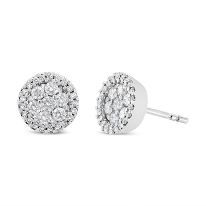 Pendientes de botón redondos de racimo estilo halo con diamantes de talla brillante de 1,0 Cttw en oro blanco de 14K, certificados por AGS (color G-H, claridad I1-I2)
