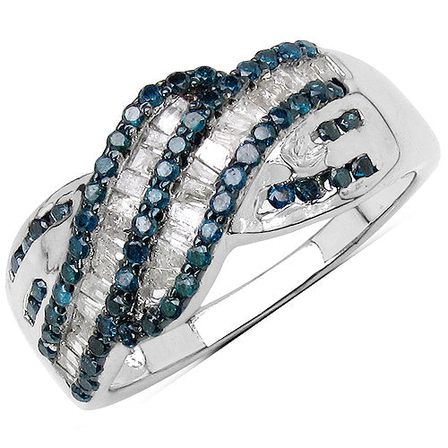 Anillo de plata de ley .925 con diamantes azules y blancos auténticos de 0.88 quilates