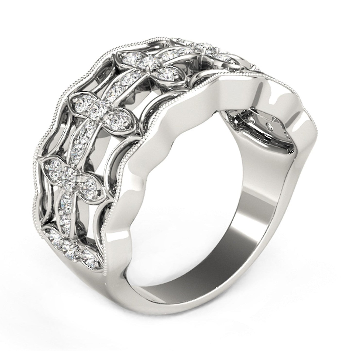 Anillo con motivo de trébol de cuatro hojas con diamantes en oro blanco de 14k (1/4 cttw)