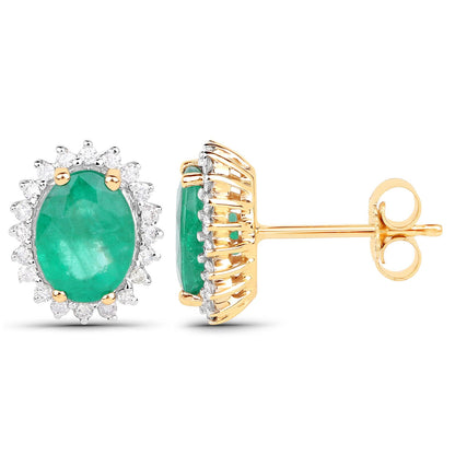Pendientes de oro amarillo de 14 quilates con esmeralda zambiana auténtica de 2,66 quilates y diamantes blancos