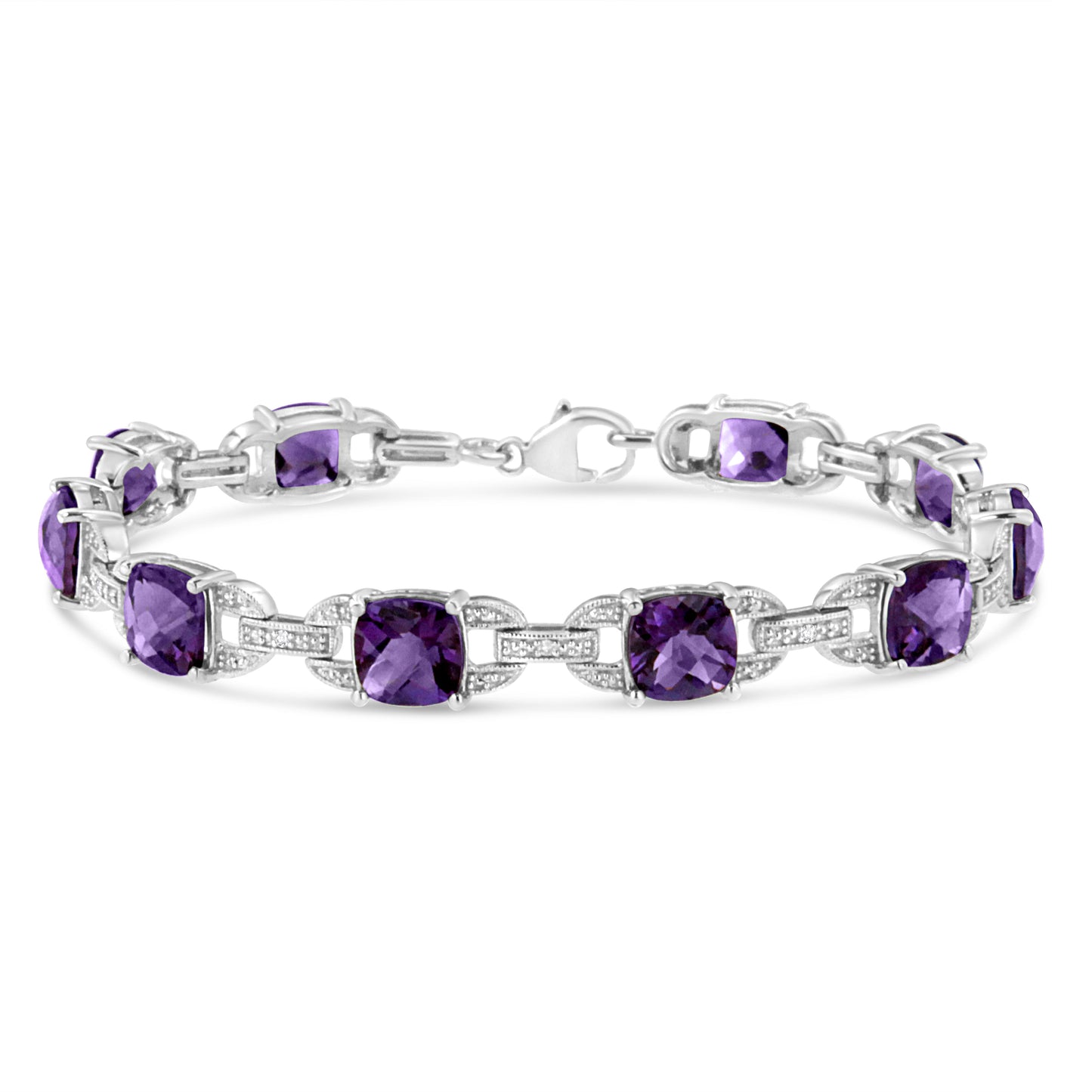 Brazalete tipo tenis de plata de ley .925 con amatista talla cojín de 7 mm y diamantes (color I-J, claridad I1-I2) - Talla 7"