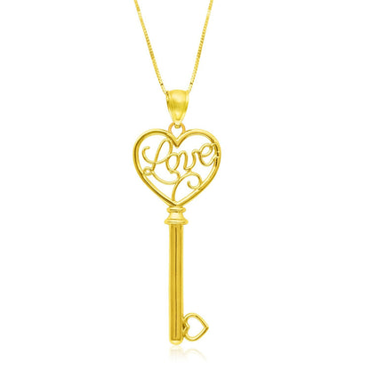 Colgante con diseño de llave esqueleto "LOVE" de oro amarillo de 14k