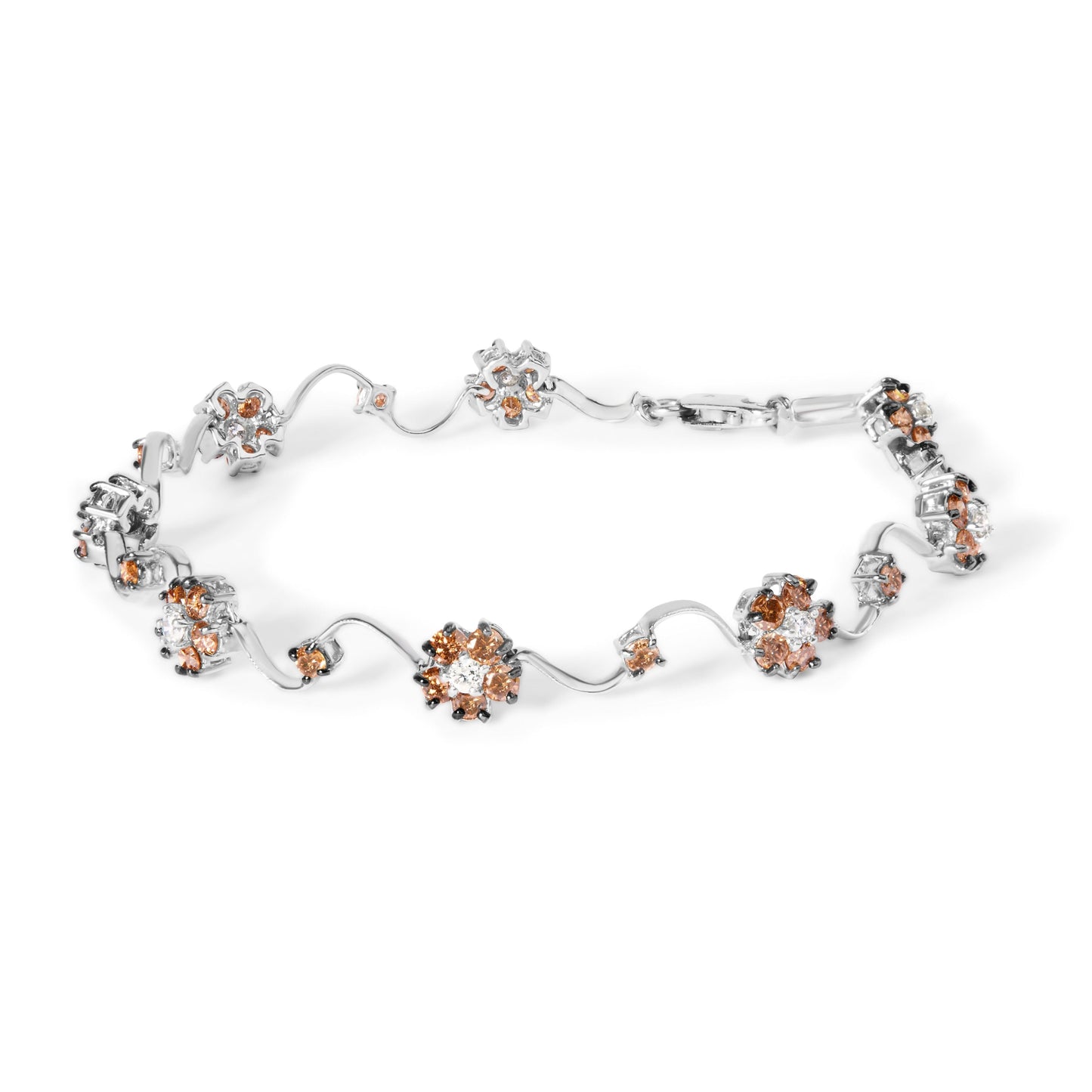 Pulsera de eslabones tipo estación y racimo floral de oro blanco de 10K con diamantes blancos y champaña de 4.0 TCW (color H-I, claridad SI2-I1) - 7 pulgadas
