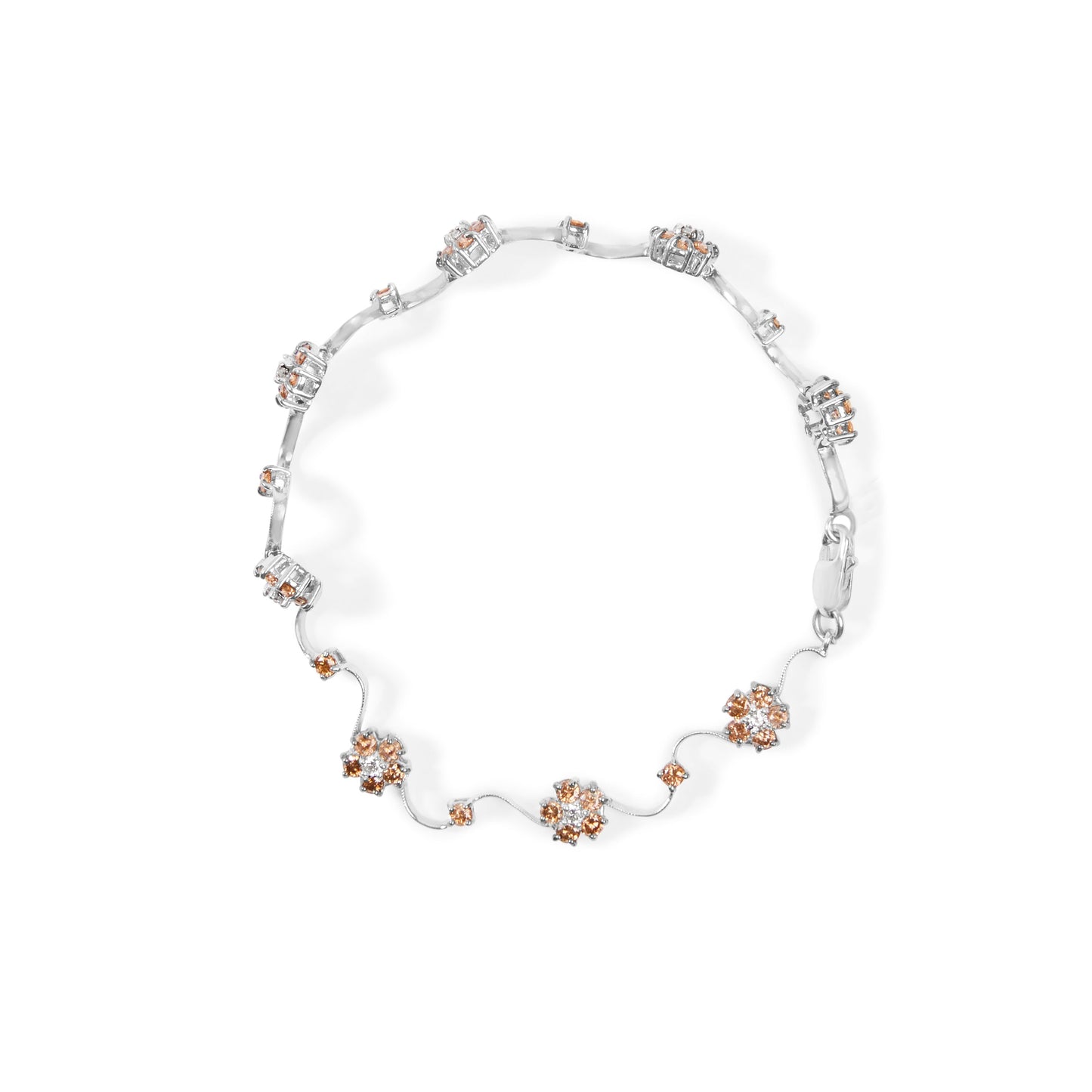 Pulsera de eslabones tipo estación y racimo floral de oro blanco de 10K con diamantes blancos y champaña de 4.0 TCW (color H-I, claridad SI2-I1) - 7 pulgadas