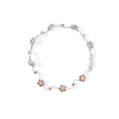 Pulsera de eslabones tipo estación y racimo floral de oro blanco de 10K con diamantes blancos y champaña de 4.0 TCW (color H-I, claridad SI2-I1) - 7 pulgadas