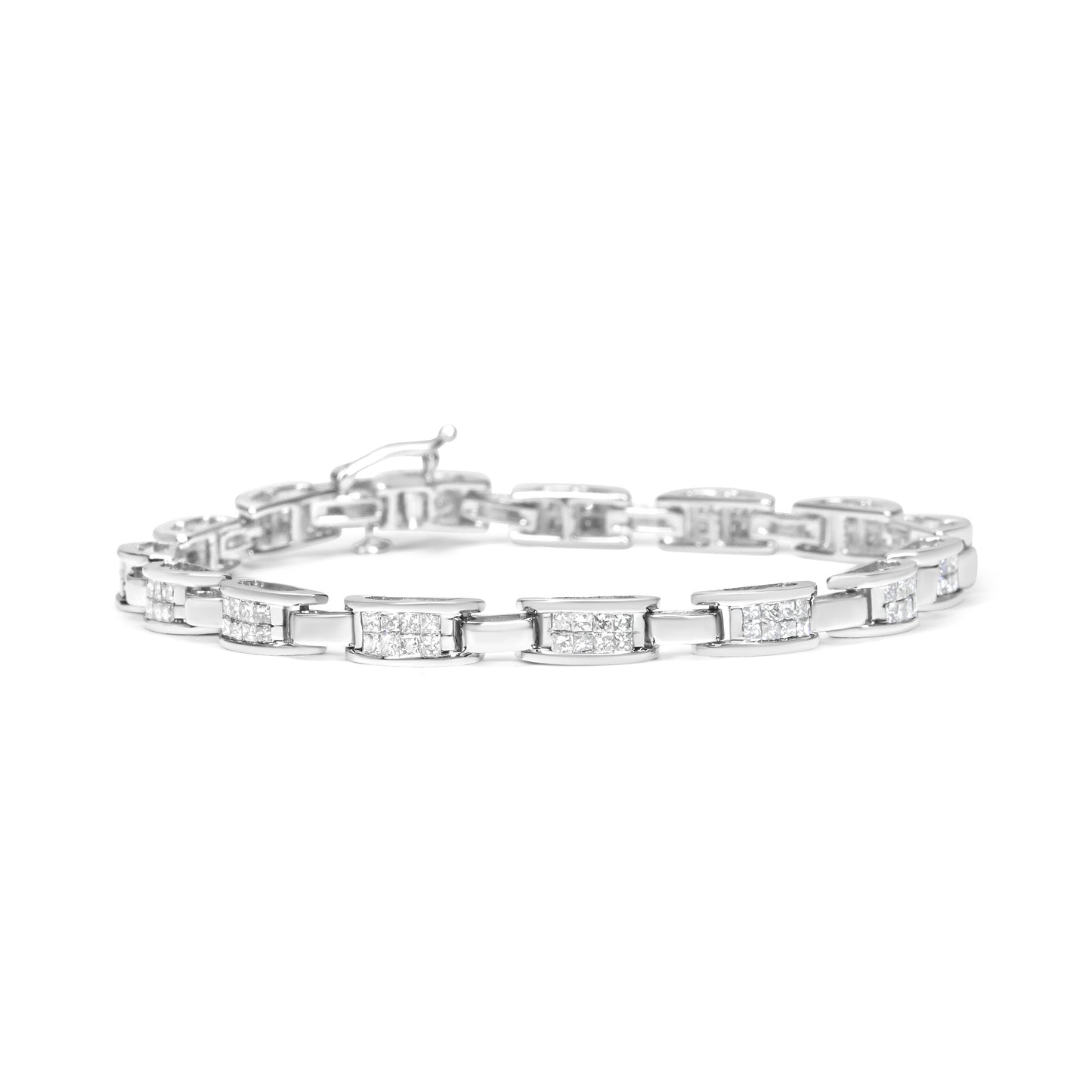 Pulsera de eslabones rectangulares de oro blanco de 14 quilates con diamantes engastados invisibles talla princesa de 2,0 quilates en total (color I-J, claridad I1-I2) - 7,25"