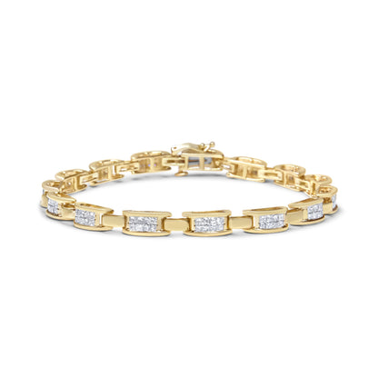 Pulsera de eslabones rectangulares de oro amarillo de 10K con diamantes de talla princesa de 2.0 Cttw con engaste invisible (color I-J, claridad SI2-I1) - 7"