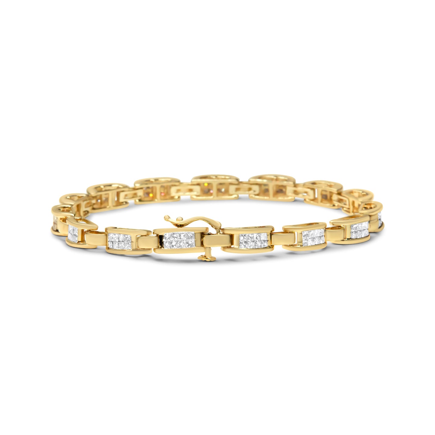 Pulsera de eslabones rectangulares de oro amarillo de 10K con diamantes de talla princesa de 2.0 Cttw con engaste invisible (color I-J, claridad SI2-I1) - 7"
