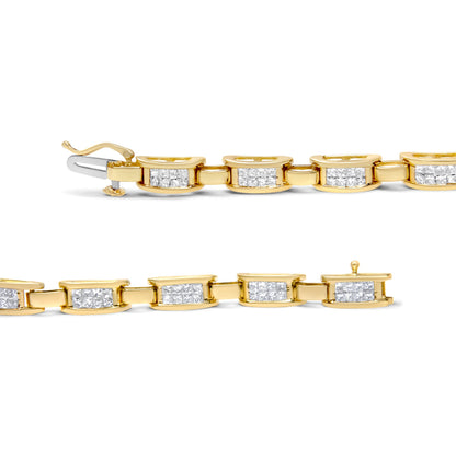 Pulsera de eslabones rectangulares de oro amarillo de 10K con diamantes de talla princesa de 2.0 Cttw con engaste invisible (color I-J, claridad SI2-I1) - 7"