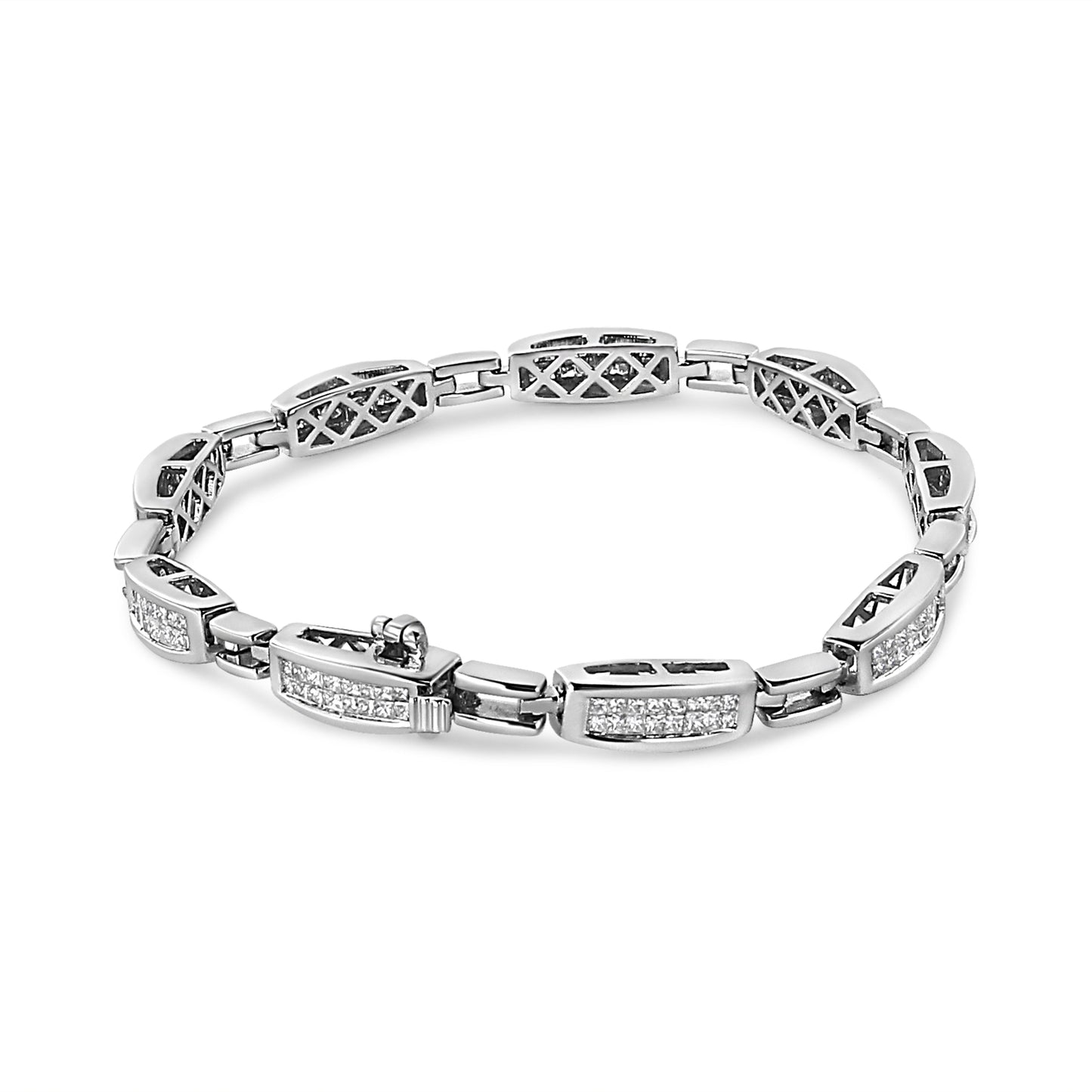 Pulsera de eslabones de oro blanco de 14K con diamantes princesa engastados invisibles de 2.00 Cttw (Claridad I1-I2, Color I-J) - 7.25"