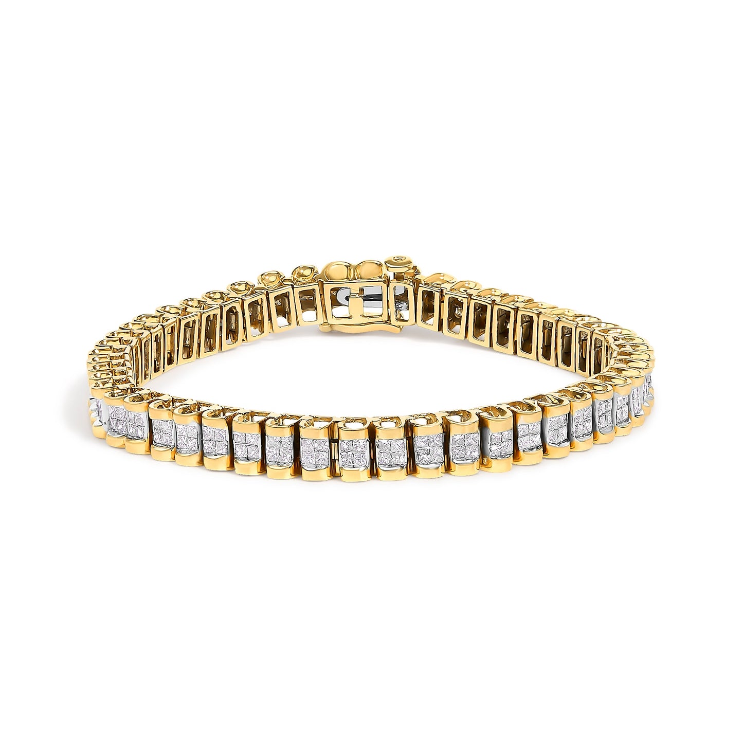 Pulsera de tenis de oro amarillo de 14 quilates con corte princesa de 3,0 Cttw con engaste invisible cuádruple (color H-I, claridad SI1-SI2) - 7"
