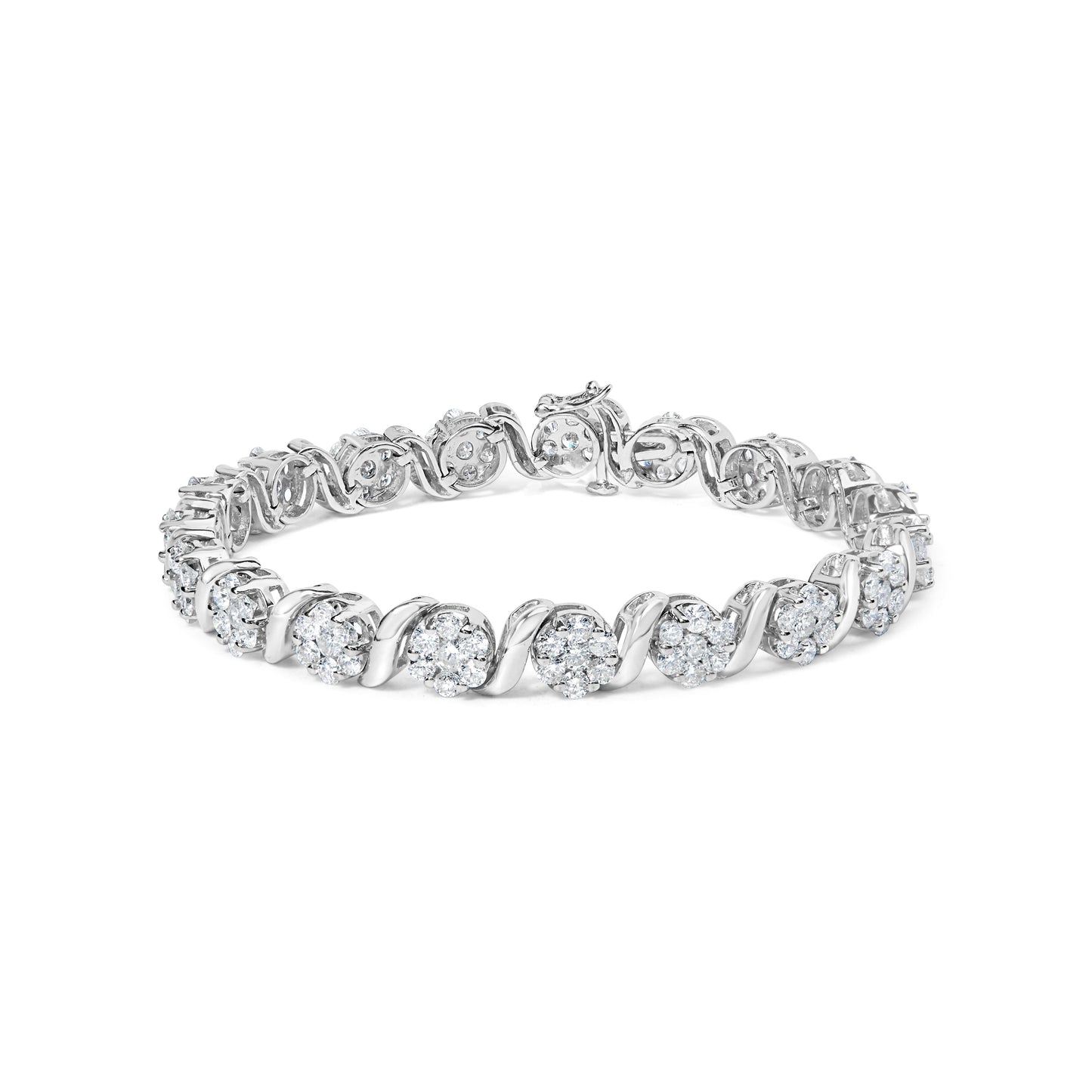 Pulsera de oro blanco de 14 quilates con racimo floral de diamantes redondos talla brillante de 7 3/8 quilates y eslabones en S (color H-I, claridad SI2-I1) - 7 pulgadas