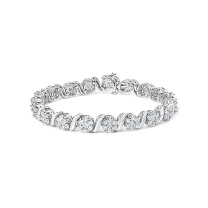 Pulsera de oro blanco de 14 quilates con racimo floral de diamantes redondos talla brillante de 7 3/8 quilates y eslabones en S (color H-I, claridad SI2-I1) - 7 pulgadas