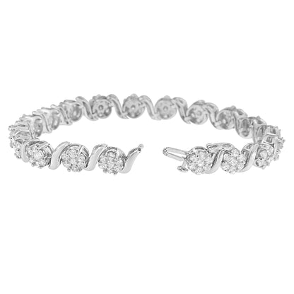 Pulsera de oro blanco de 14 quilates con racimo floral de diamantes redondos talla brillante de 7 3/8 quilates y eslabones en S (color H-I, claridad SI2-I1) - 7 pulgadas