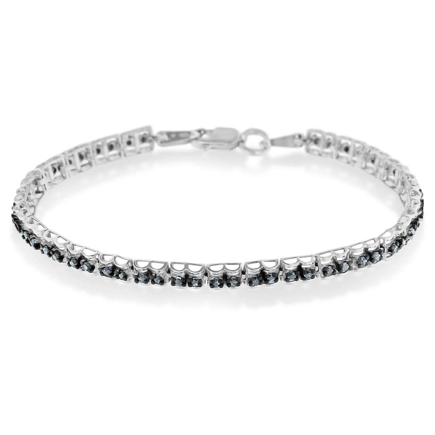 Pulsera de tenis de doble eslabón de 7" con diamantes talla rosa de 1,0 Cttw en plata de ley .925 con rodio negro (color azul, claridad I1-I2)